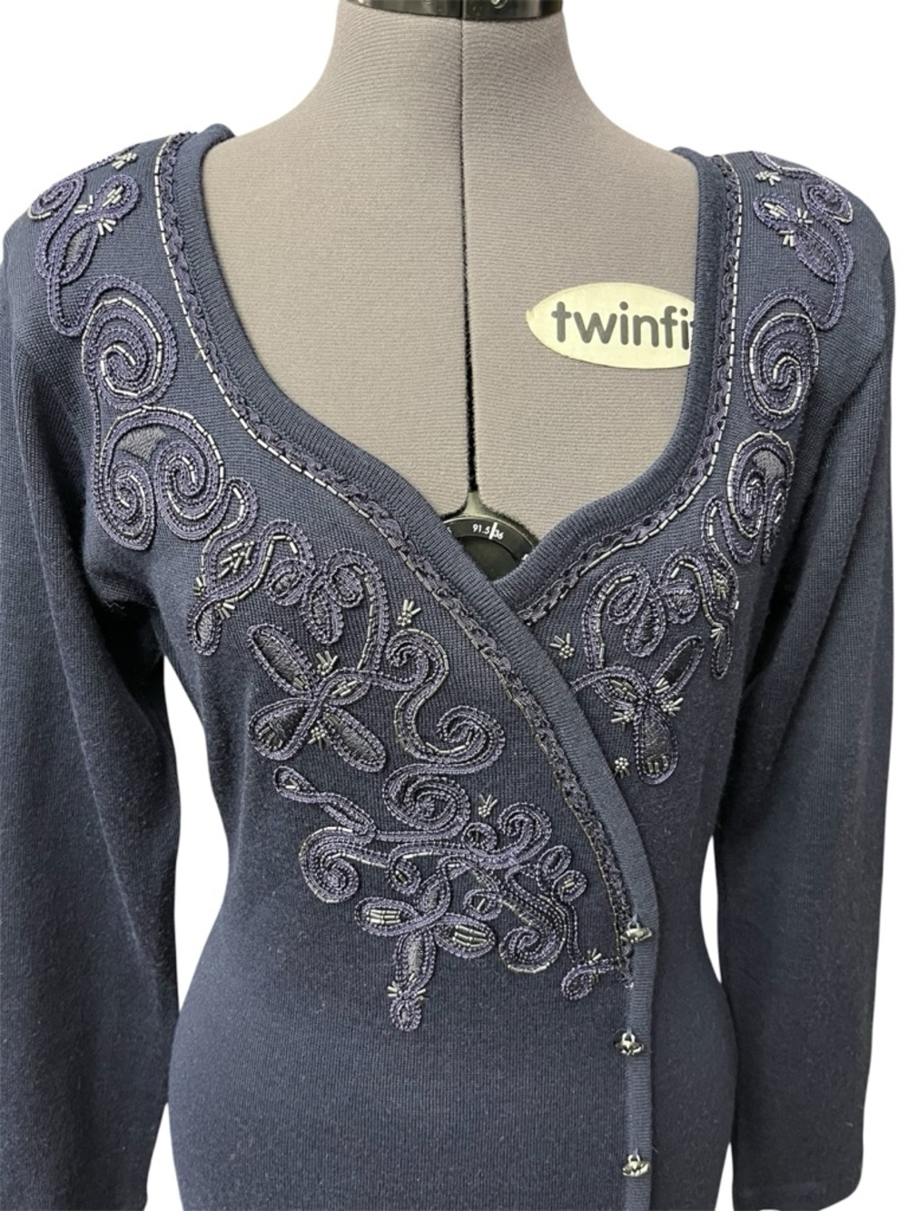 Vintage Carole Little Navy Embroidered Beaded Dress - Picture 3 of 10